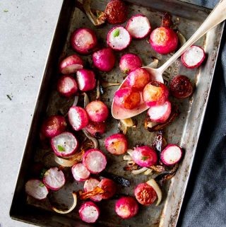 tray with roasted radishes