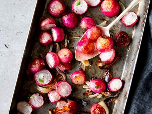 tray with roasted radishes