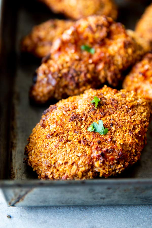close up photo of low carb oven fried chicken