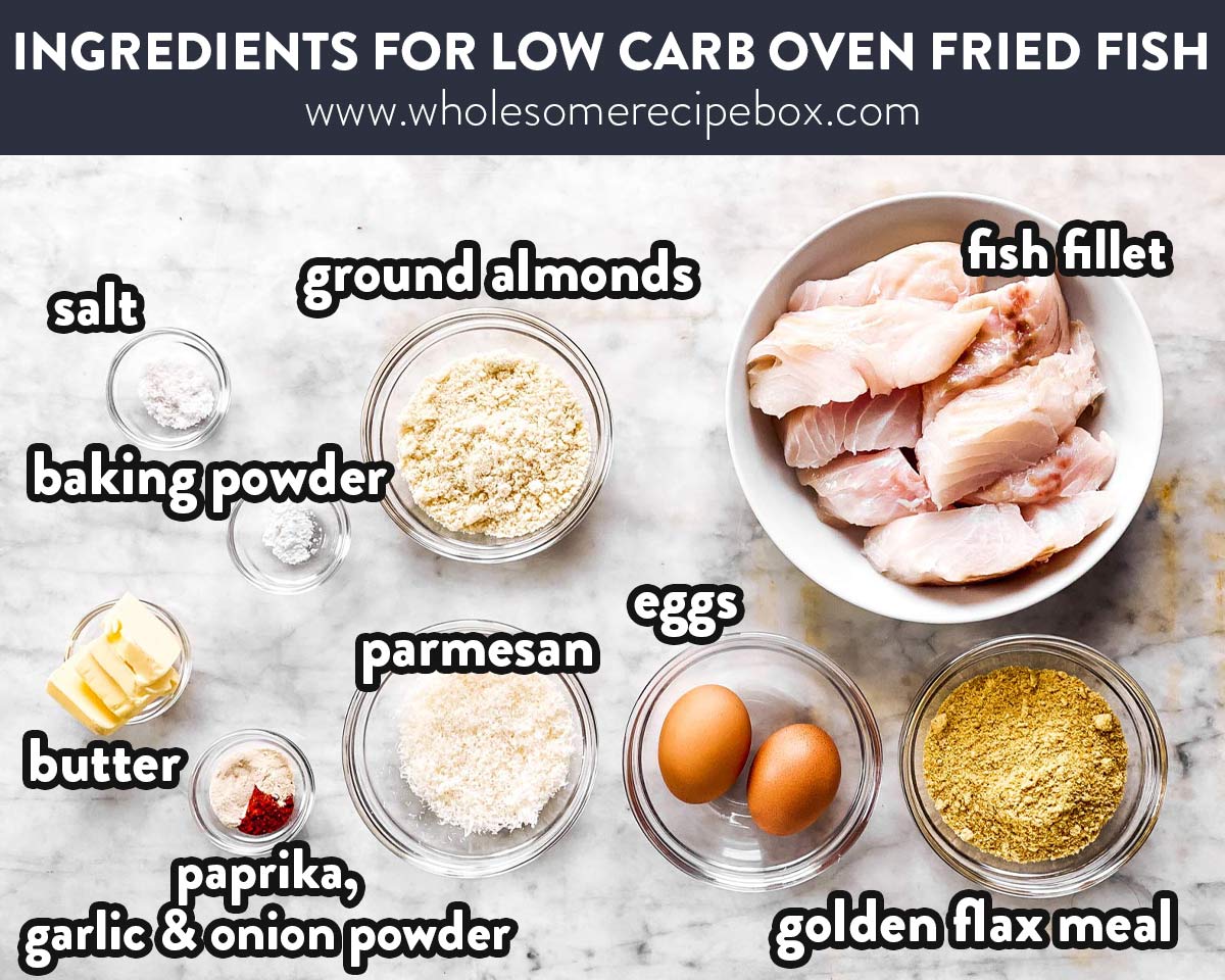 ingredients for low carb oven fried fish with text labels