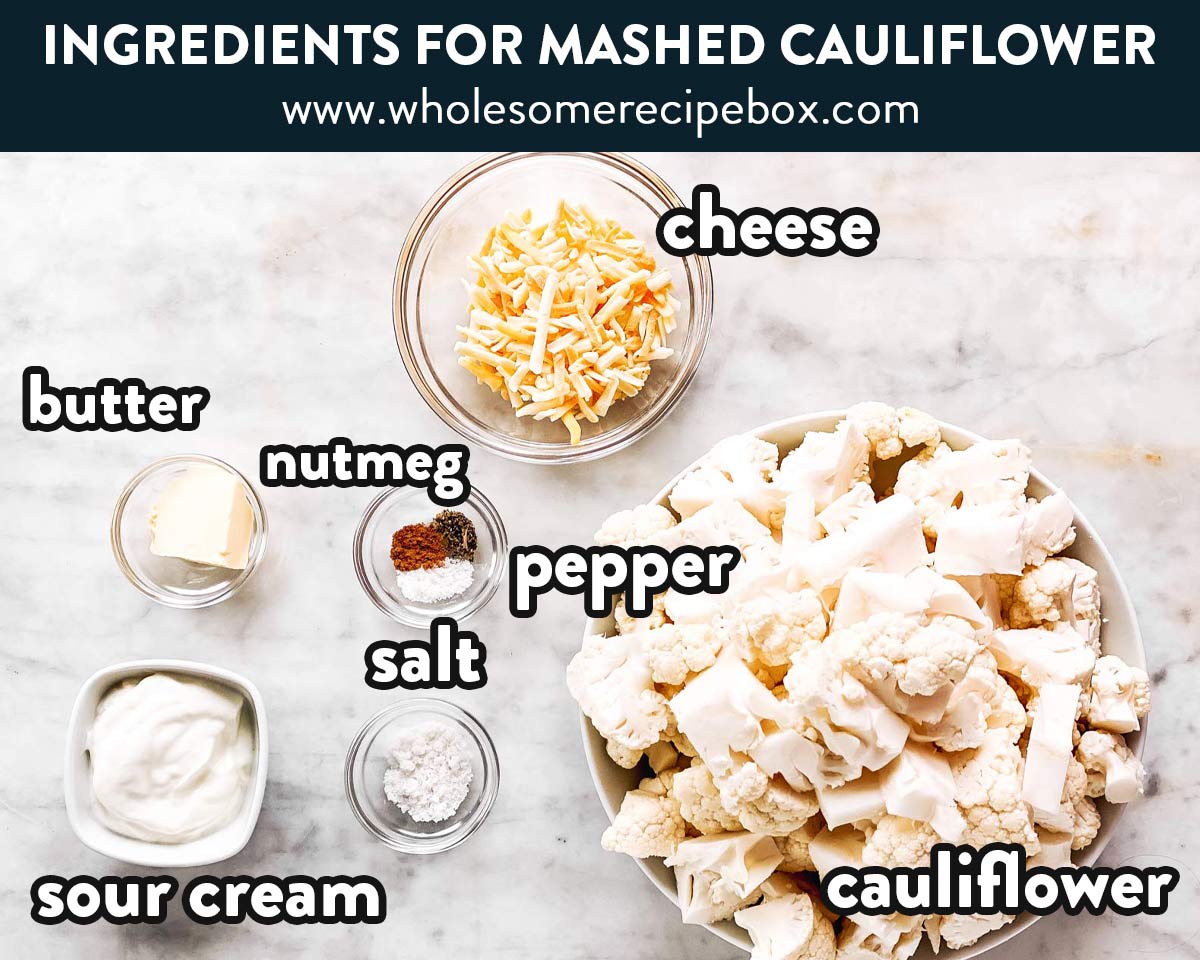 ingredients for mashed cauliflower with text labels