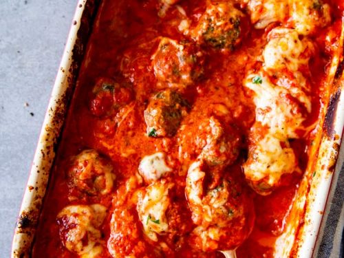 low carb meatball casserole in a baking dish