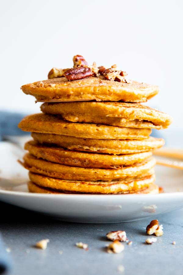stack of pumpkin oatmeal pancakes