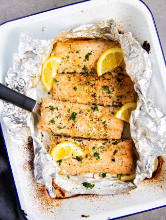 baking dish with lemon garlic butter salmon