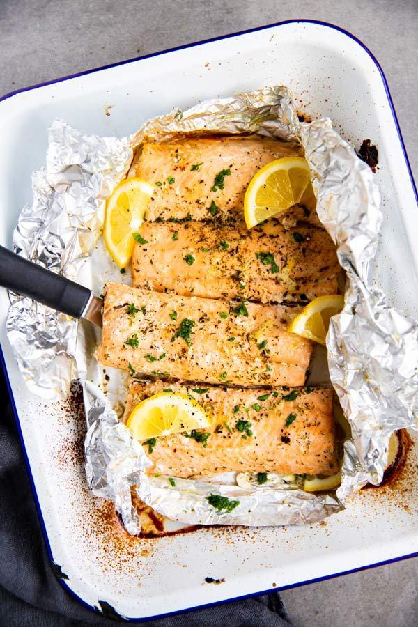 baking dish with lemon garlic butter salmon