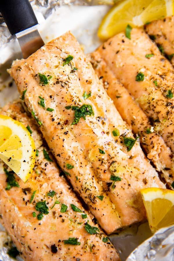 close up of a salmon fillet baked in foil