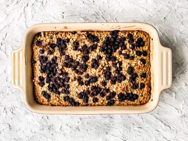 baked blueberry oatmeal in a dish