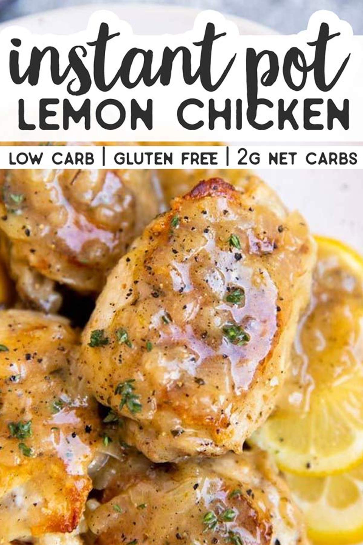 close up photo of chicken thigh in lemon sauce with text overlay