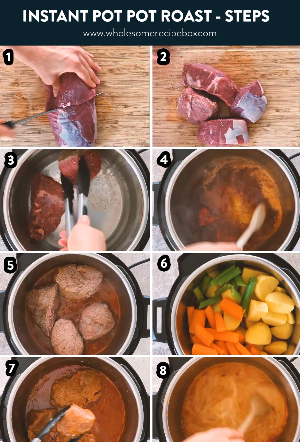 collage of steps to make instant pot pot roast