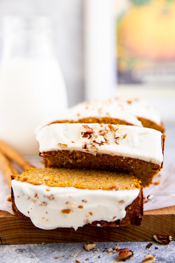 slices of low carb pumpkin bread on a wooden board