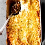 top down view on casserole dish with low carb shepherd's pie