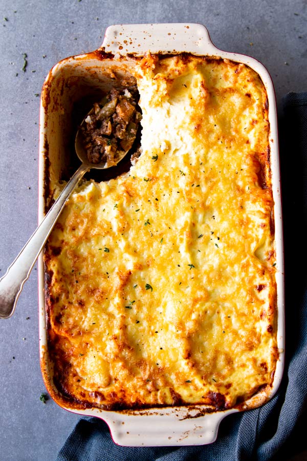 top down view on casserole dish with low carb shepherd's pie