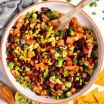 top down view on bowl with black bean and corn salad