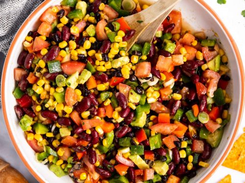 top down view on bowl with black bean and corn salad