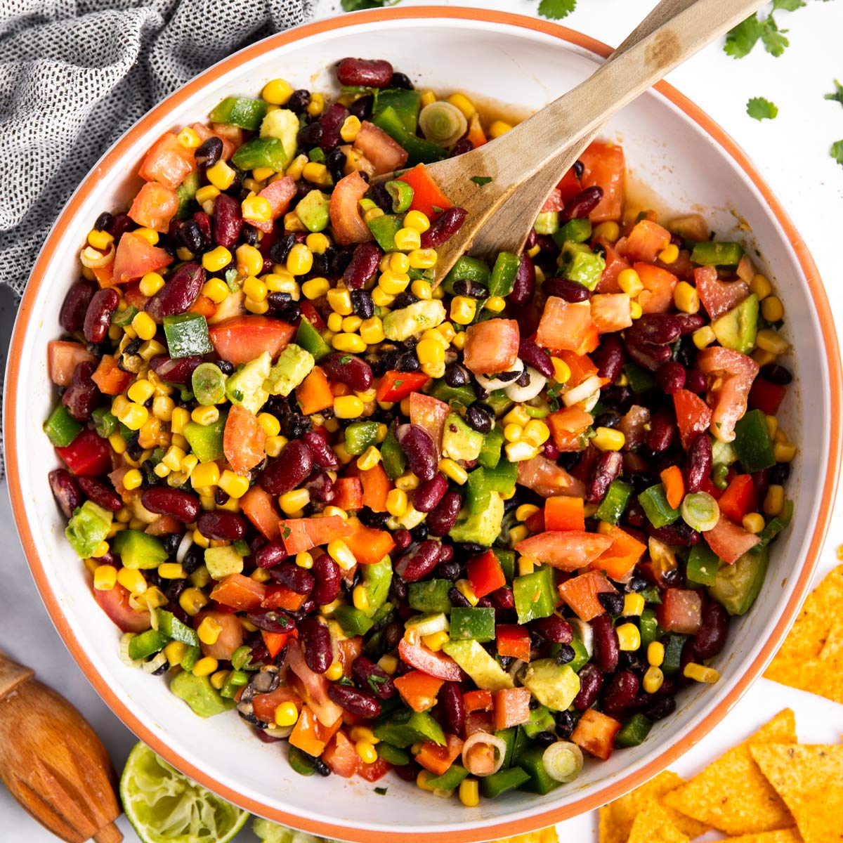 top down view on bowl with black bean and corn salad