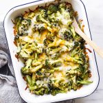 overhead view of a casserole dish with chicken and broccoli