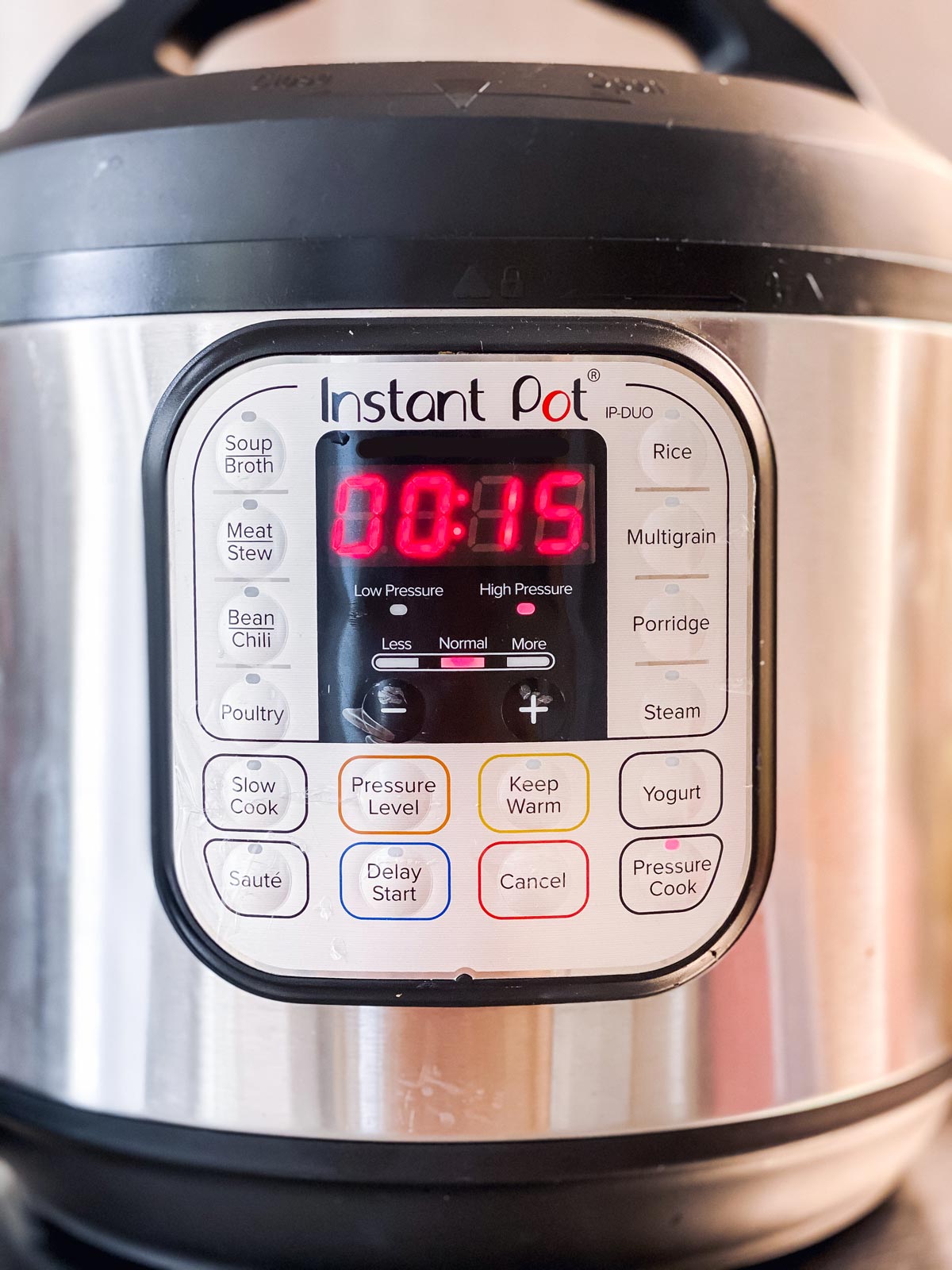 instant pot from the front with timer set to 15 minutes