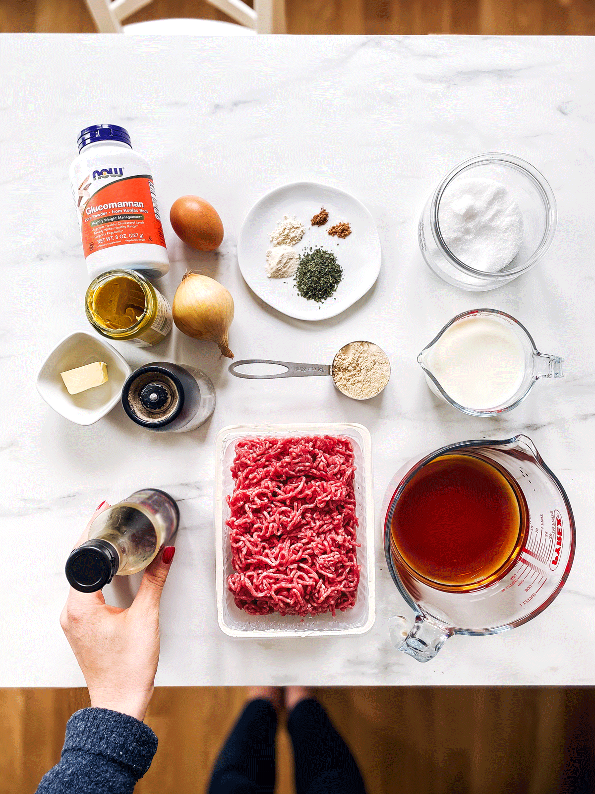 ingredients for Keto Swedish meatballs on a marble counter