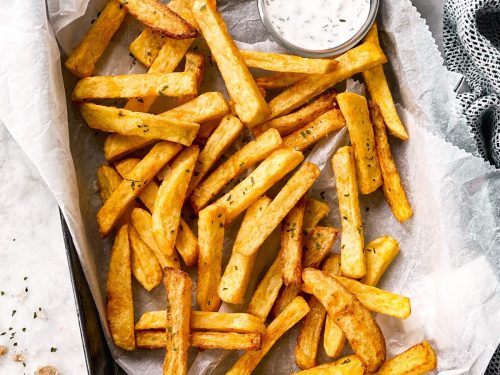 black pan with air fryer French fries