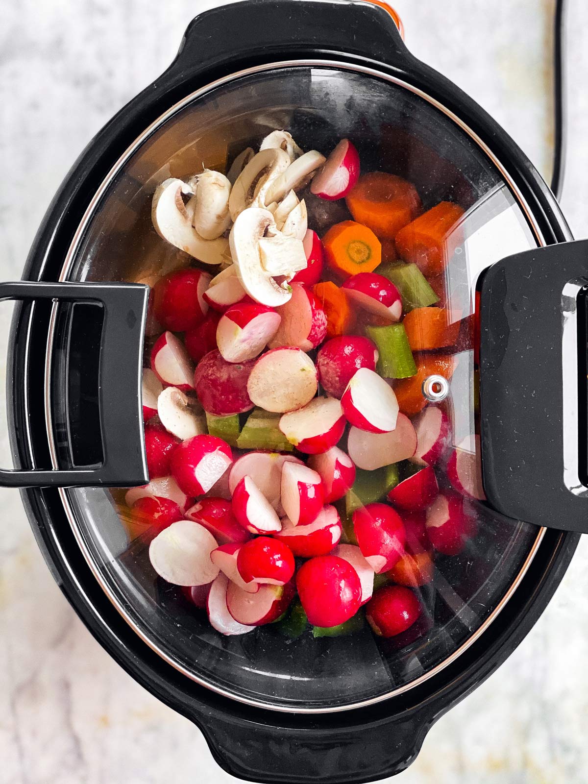 closed slow cooker with sliced vegetables visible through lid