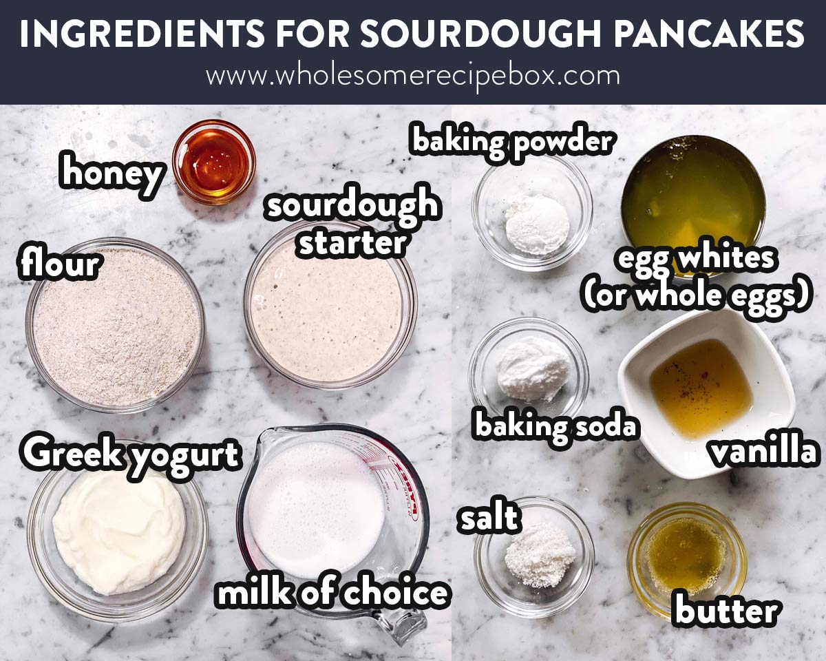 ingredients for overnight sourdough pancakes with text labels