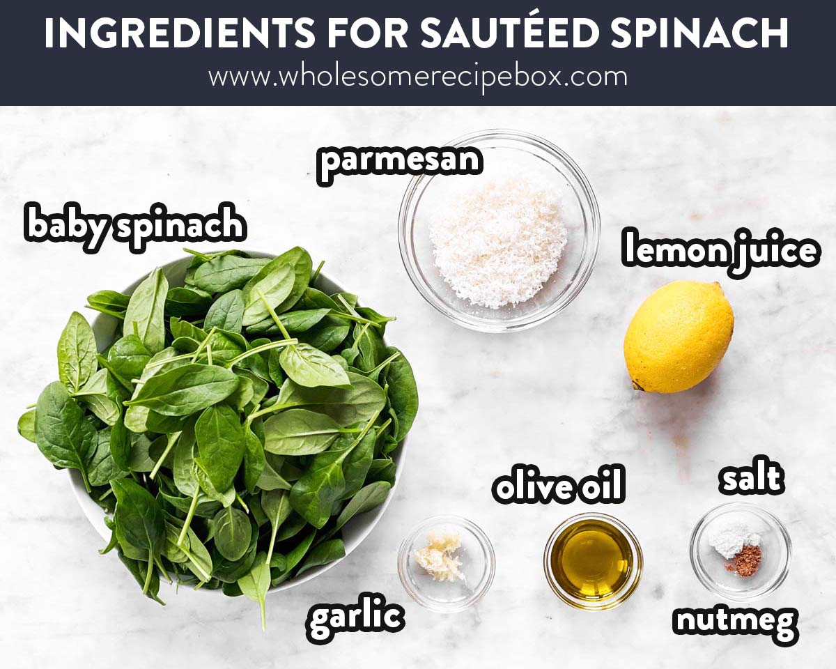 ingredients for sautéed spinach with text labels