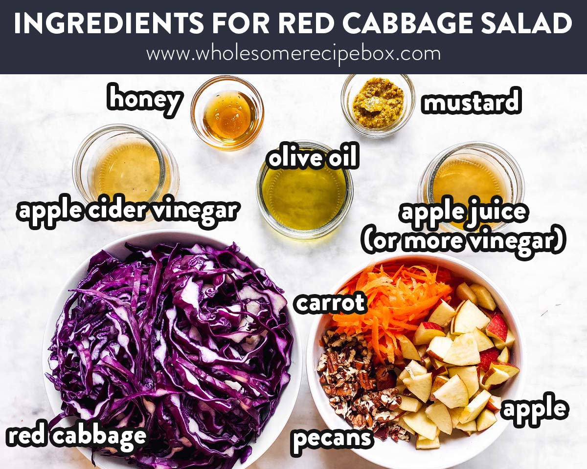 ingredients for red cabbage salad with text labels